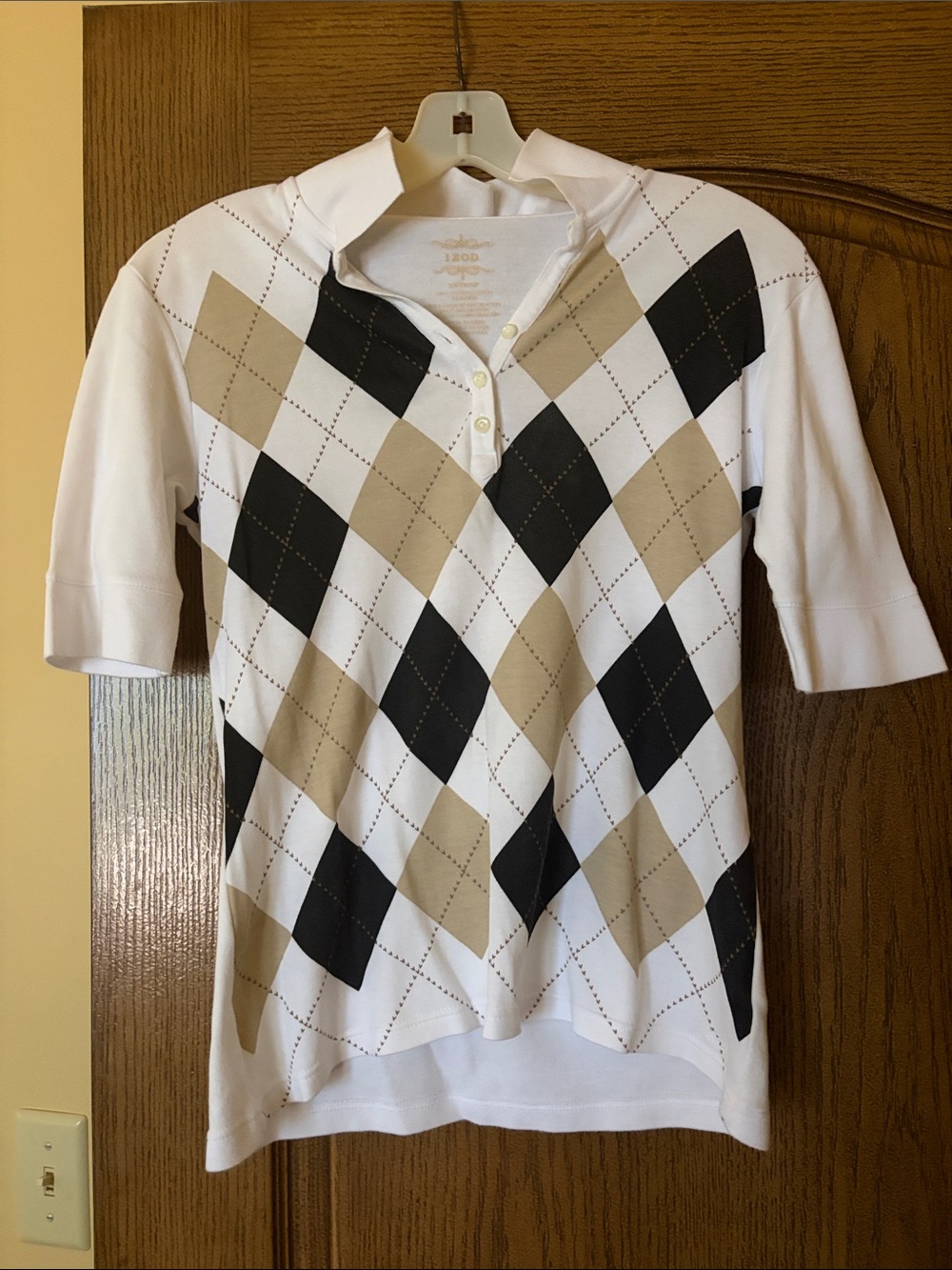 Izod White Polo with Beige and Black Argyle